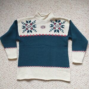 Vtg Eddie Bauer Sweater Pullover Men M Green FairIsle Roll Mock Chunky Fisherman